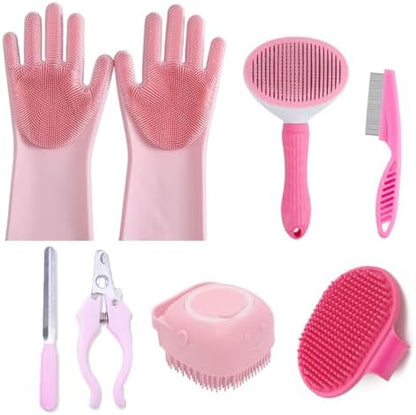 8PCS Dog Bath Supplies Set，Dog Washing Gloves，Shampoo Brush, Shedding Slicker Brush，Complete Pet Grooming Kit for Dog&Cat and Small Animal Grooming(8PCS-Bath-Pink) by KEEPLKVOC