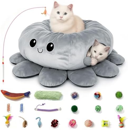 Cat Tunnel Bed for Indoor Cats, Peekaboo Cat Cave Bed, Grey by FortheHeartbeatinYourLap