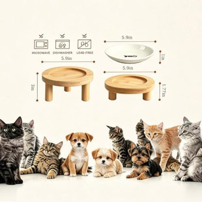 Shallow Elevated Cat Bowls, 2, White (Fish Bone), Bamboo Stand - Image 2
