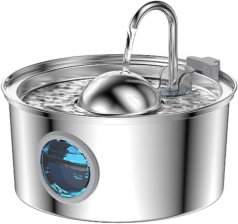 AONBOY Cat Water Fountain Stainless Steel, 108oz/3.2L Cat Fountain, Pet Water Fountain with Water Level Window, Hemispherical Shape, Multi-Filter, Silent Pump, Water Tap, Provides Flowing Water by AONBOYPETLIFE