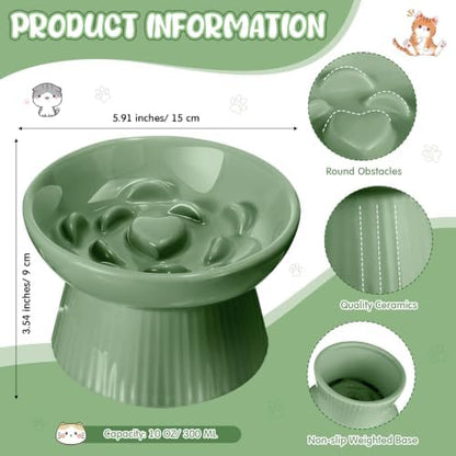 Tioncy 2 Pcs Ceramic Elevated Slow Feeder Cat Bowl, Sage Green - Image 2