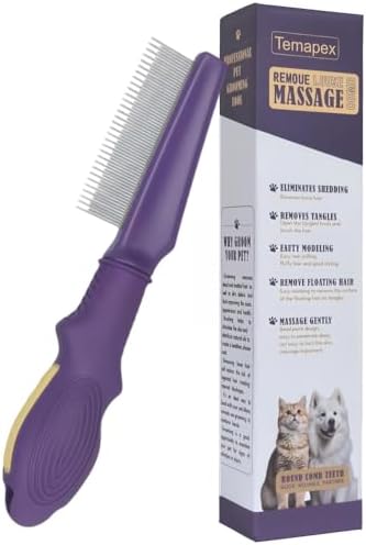 Pet Comb for Dogs & Cats with Long & Short Stainless Steel Metal Teeth For Shedding and Tangles, Non-Slip & Anti-Static Rubber Handle, Safe & Gentle Pet Grooming Comb by Temapex