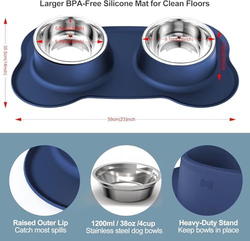 AsFrost Dog Food Bowls Stainless Steel Dog Bowls, Food Water Bowl Set with No Spill Non-Skid Silicone Mat, Dog Dish Double Pet Feeder Bowls for Small Medium Sized Large Dogs Cats Puppy, Blue - Image 2