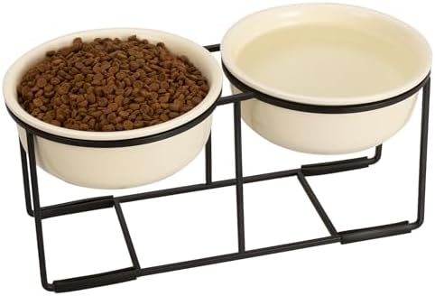 Elevated Ceramic Dog Bowl Set - Double Dishes with Non-Slip Iron Stand - Raised Feeding Station for Food & Water - Ideal for Small and Medium Dogs - 2 × 720ml Capacity - Beige - 15 cm Height by AHX