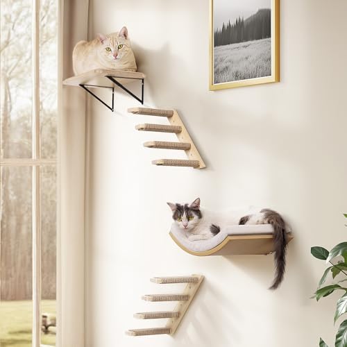 Cat Wall Stairs and Wall Shelves, 4 Piece Wood Cats Furniture Set, Padded Curved Bed with Foam, Flat Shelf & Climbing 4 Steps Stairs for Large Indoor Cats - Image 6