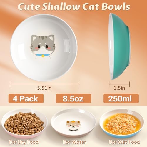 Cat Bowls, Ceramic Cat Food Bowl Set with White Silicone Ring for Non Slip, Cute Cats Dishes or Plates for Feeding Indoor Cats, Kitten, Small Dogs (Multicolored 4 Pack-Cute Pet, 5.5 Inches) - Image 3