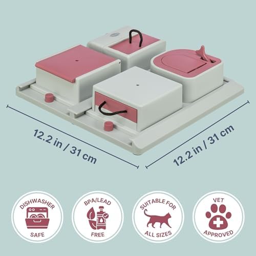 TRIXIE Cat Activity Poker Box Strategy Game – Interactive Puzzle Toy with 4 Modules – Treat Puzzle Feeder for Mental Stimulation & Slow Feeding – Pink/Gray, 12.2 x 12.2 x 2.5 in - Image 6