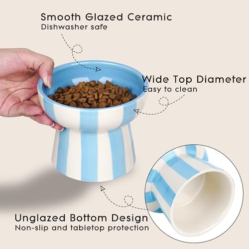 Raised Cat Bowl - Blue Striped Elevated Ceramic Food and Water Dish, Wide Shallow Design for Whisker Fatigue Relief, Dishwasher Safe - Image 5