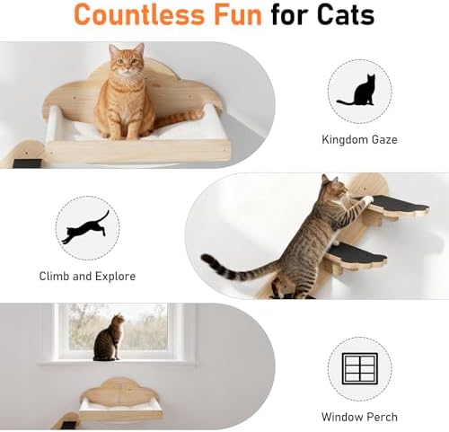 XiaZ Cat Wall Hammock Mounted Bed with 4 Climbing Steps, Modern Cats Shelves and Perches up to 30lbs, Wooden Kitten Wall Furniture for Indoor Sleeping, Playing, Climbing and Lounging (Hammock) - Image 4