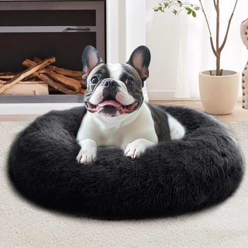 JOLLYVOGUE Calming Dog Bed Medium Size Dog, 31in Donut Washable Medium Pet Bed, Anti-Slip & Anti-Anxiety Fluffy Faux Fur Round Dogs Bed, Fits up to 45 lbs Pets (Black) by JOLLYVOGUE