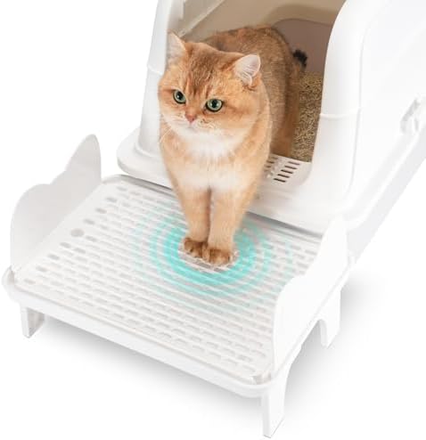 Uross Cat Litter Box Step, Extra Large Litter Box Ramp/Stairs with Detachable Splash-Proof Side Baffles, Anti-Tracking Litter Catcher, Easy to Clean, Non-Slip Step for Small & Elderly Cats (White) by Uross