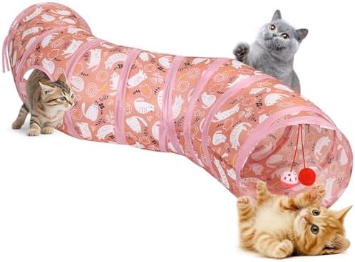Pawaboo Cat Tunnel Tube S-Shaped, 25x97cm, Pink Kitties by Pawaboo