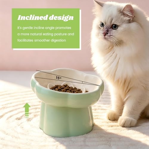 Raised Slow Feeder Cat Bowl, 5.71 Inch Ceramic Elevated and Tilted Cat Food Bowl with 2 Scoops, Flower Shaped Cute Cat Dish for Dry and Wet Food (Green) - Image 5