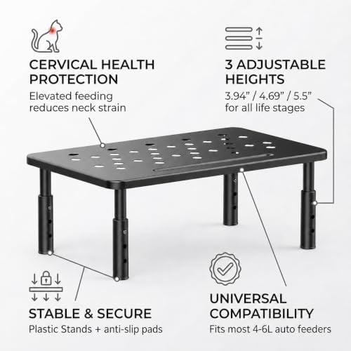 Raised Automatic Cat Feeder Stand for Double Bowl Feeders, Carbon Steel 14.57 x 9.25 in, 3 Adjustable Heights 3.94-5.5 in, Non-Slip, Fits Feeders & Water Dispensers, No-Drill (Black) - Image 3