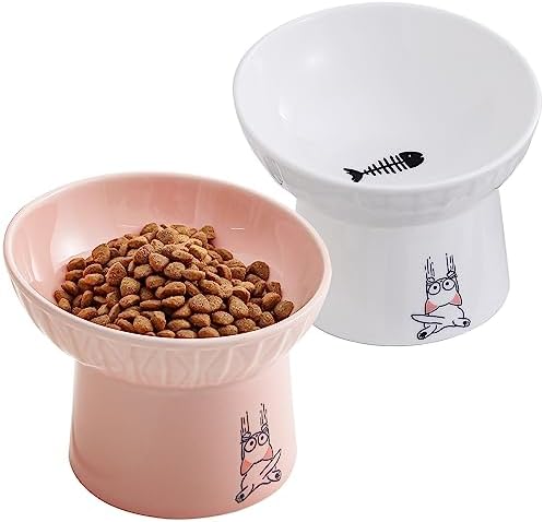 6.5 Inch Extra Wide Ceramic Raised Cat Bowls, Porcelain Tilted Elevated Cat Food Water Bowl Dish, Stress Free Pet Feeder Dishes for Cats & Small Dogs, Whisker Fatigue, White & Pink by OMAYKEY