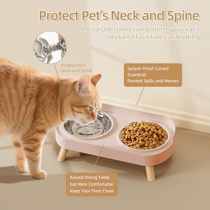 Elevated Cat Bowl, Raised Cat Food and Water Bowl Set for Indoor Cats, Splash Proof with 2 Stainless Steel Pet Food Bowls for Cats and Puppies, Whisker Fatigue and Dishwasher Safe - Pink - Image 3