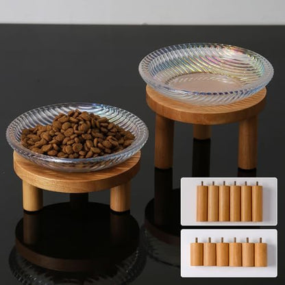 Cat Bowls Whisker Friendly with Wooden Stands. Raised Elevated Glass Whisker Fatigue Cat Bowl for Indoor Cats. 2PCS (Rainbow Colors) by KGCCIZI