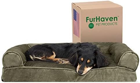 Furhaven Pillow Dog Bed for Medium/Small Dogs w/ Removable Bolsters & Washable Cover - Faux Fur & Velvet Sofa - Dark Sage, Medium by FurHaven