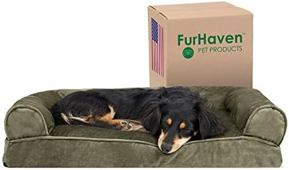 Furhaven Pillow Dog Bed for Medium/Small Dogs w/ Removable Bolsters & Washable Cover - Faux Fur & Velvet Sofa - Dark Sage, Medium by FurHaven