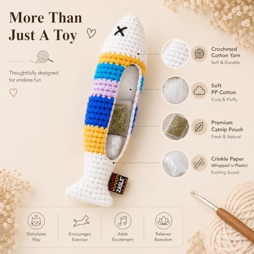 Handmade Catnip Fish Toy, Crochet Cat Toy with Crinkle Paper (2Pack) - Image 3