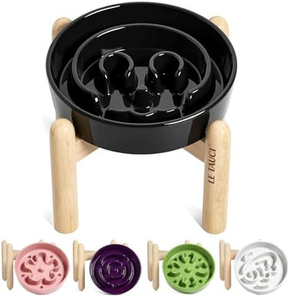 LE TAUCI Ceramic Slow Feeder Dog Bowls Elevated, 0.6 Cups Raised Dog Bowl with Wooden Stand for Small Breed, Pet Dishes to Slow Down Eating, Skull Black by LETAUCI