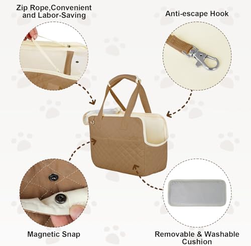 YooxArmor Dog Purse Carrier for Small Dogs & Cats, Foldable Soft Tote for 5-14lbs Pets, Large Pockets, Safety Leash & Removable Mat for Walking Shopping Outdoor, Khaki - Image 4