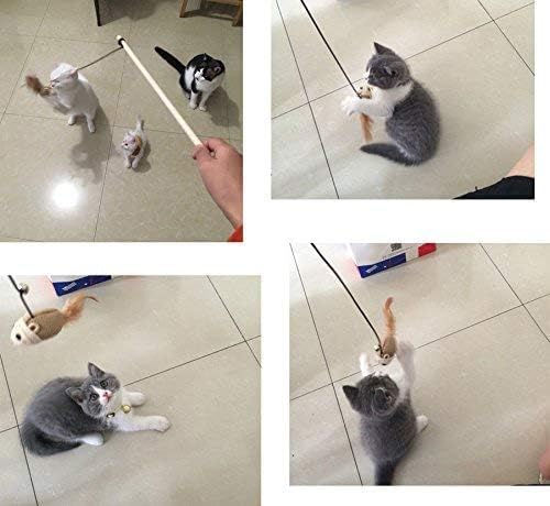Set of 3 Natural Sisal Wand Teasers Exerciser for Cat Kitten with Mouse/Pumpkin/Fish Toy, Bell Feather Elastic String Sturdy Wood Rod-Toy for Cat