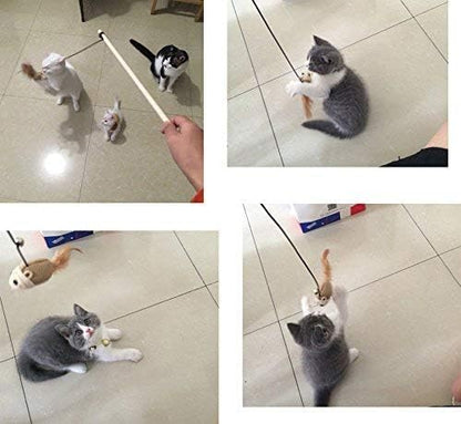 Set of 3 Natural Sisal Wand Teasers Exerciser for Cat Kitten with Mouse/Pumpkin/Fish Toy, Bell Feather Elastic String Sturdy Wood Rod-Toy for Cat