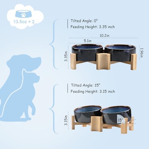 SPUNKYJUNKY 15° Slanted Ceramic Dog and Cat Bowl with Wooden Stand, Tilted Bulldog Food and Water Bowl No Slip Non-Spill for Cats Medium Dogs Big Face Pets 13.5 OZ (1.7 Cups, Starry Blue × 2) - Image 4