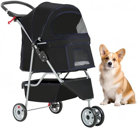 BestOffice Pet Stroller for Small Medium Dogs & Cats, 3-Wheel Foldable Dog Stroller with Cup Holder, Lightweight Travel Carrier, Waterproof Design for Outdoor Walks, Black by BestOffice