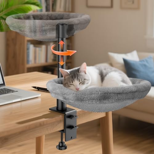 Cat Desk Bed, Cat Hammock for Home Office, 360°Rotating & Adjustable Shelf, Removable Comfortable Soft Pet Nest Bed, Modern Unique Kitten Furniture Attachment for Game Tables, Grey by Giisorde-Createyourwant