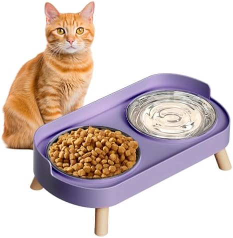 Elevated Cat Bowl, Raised Cat Food and Water Bowl Set for Indoor Cats, Splash Proof with 2 Stainless Steel Pet Food Bowls for Cats and Puppies, Whisker Fatigue and Dishwasher Safe - Purple by HIAIEVIY