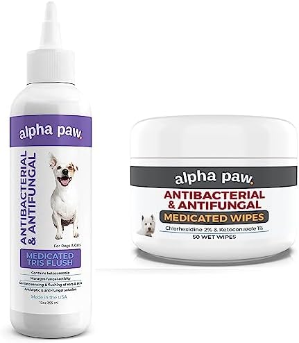 Smiling Paws Pets Comprehensive Pet Care Bundle: Tris Flush Dog & Cat Ear Cleaner Solution with Advanced Cat & Dog Skin Treatment Wipes by SmilingPawsPets