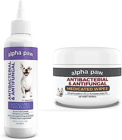 Smiling Paws Pets Comprehensive Pet Care Bundle: Tris Flush Dog & Cat Ear Cleaner Solution with Advanced Cat & Dog Skin Treatment Wipes by SmilingPawsPets