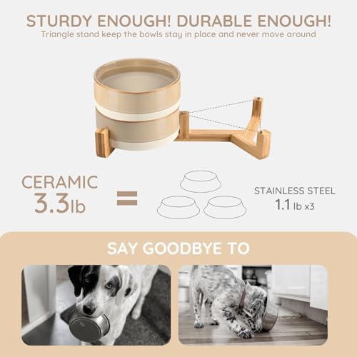 SPUNKYJUNKY Ceramic Dog and Cat Bowl Set with Wooden Stand, Modern Cute Weighted Food Water Bowl Set for Small Size Dogs (1.7 Cups, 2 × Pattern Brown) - Image 4