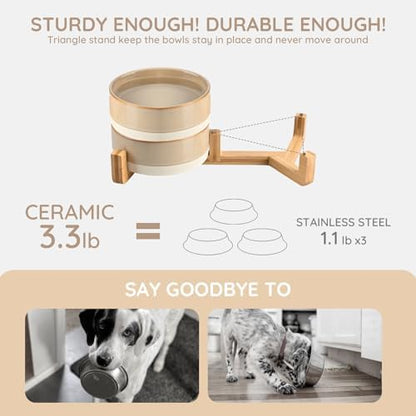 SPUNKYJUNKY Ceramic Dog and Cat Bowl Set with Wooden Stand, Modern Cute Weighted Food Water Bowl Set for Small Size Dogs (1.7 Cups, 2 × Pattern Brown) - Image 4