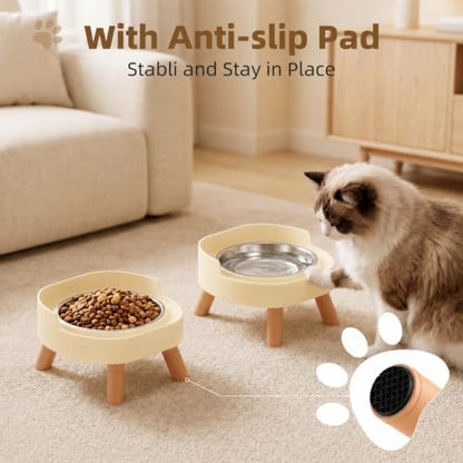 Elevated Cat Bowls, 2P Raised Cat Food and Water Bowl Set for Indoor Cats, Splash Proof with 2 Stainless Steel Pet Food Bowls for Cats ＆ Puppies, Whisker Friendly and Dishwasher Safe - Yellow - Image 5