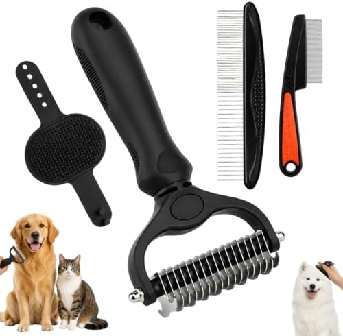 Double-Sided Pet Grooming Rake Set of 4, with Metal Comb Flea Comb Bath Brush for Long & Short Haired Pets to Effectively Remove Tangles, Knots and Mats by Unknown