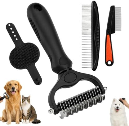 Double-Sided Pet Grooming Rake Set of 4, with Metal Comb Flea Comb Bath Brush for Long & Short Haired Pets to Effectively Remove Tangles, Knots and Mats by Unknown