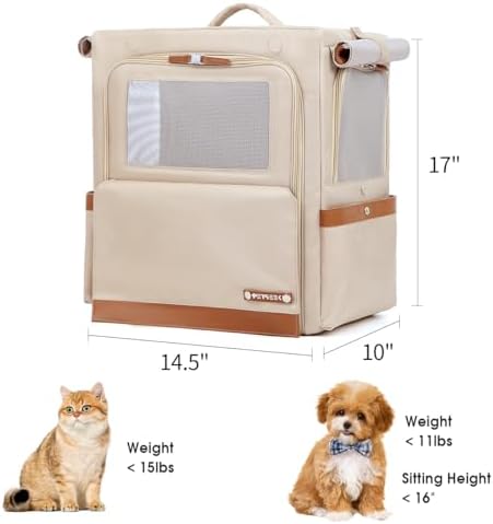 Cat Backpack Carrier for Large Cats, Shaded Waterproof Small Dog Backpack with Breathable Mesh, Soft Side Safety Pet Backpack for Hiking, Travel, Outdoor (Champagne) - Image 2