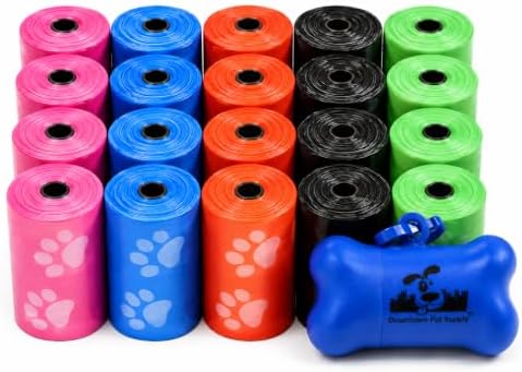 Downtown Pet Supply Poop Bags for Dogs with Dispenser, 500 Count - Leak-Proof Dog Waste Bags and Bone-Shaped Dog Poop Bags Holder for Leash - Rainbow with Paw Prints, 12.5" x 8.5" by DowntownPetSupply