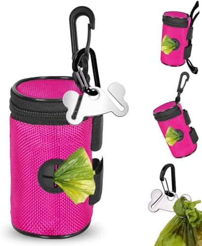 Dog Poop Bag Holder for Leash Attachment - Waste Bag Dispenser for Leash - Fits Any Dog Leash - Portable Set with Hand Free Holder Metal Carrier, Round Shape, Pink by Hilihali