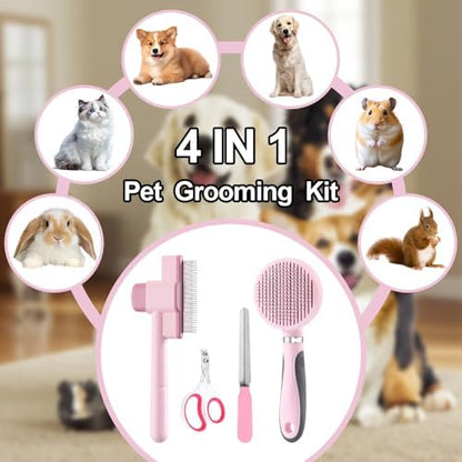 Cat Grooming Kit, 4-in-1 Cat Grooming Tools with Cats Brush, Flea Comb, Nail Clipper & Trimmer - Deshedding & Dematting for Pets Hair and Paws, Pet Shedding Set for Indoor Dogs & Cats (Pink) - Image 5