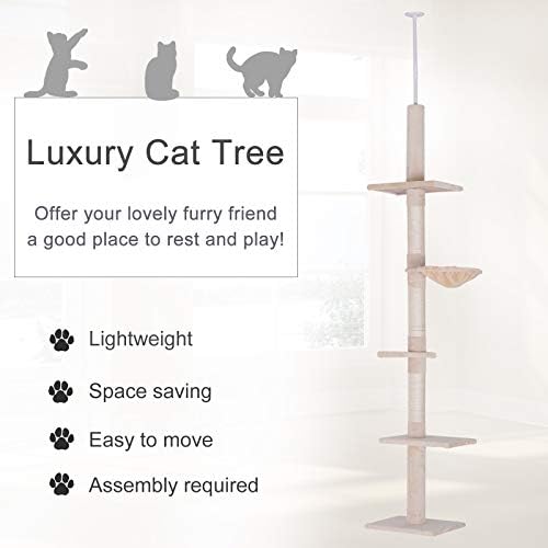 PawHut 102" Adjustable Height Floor to Ceiling Cat Tree, 5 Level Beige - Image 3
