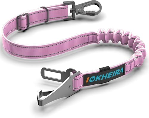 IOKHEIRA Dog Seat Belt 3-in-1 Car Harness for Pets Adjustable Safety Seatbelt Nylon Reflective Bungee Fabric Dog Car Harness with Clip Hook Latch & Buckle, Swivel Zinc Alloy Carabiner (Pink) by IOKHEIRA