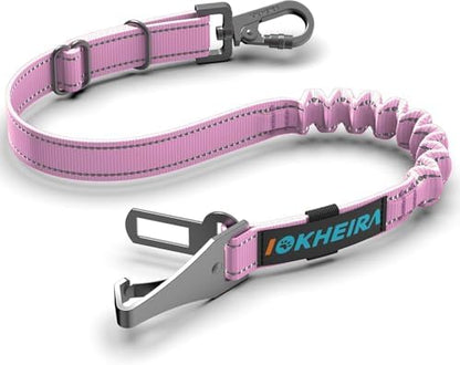 IOKHEIRA Dog Seat Belt 3-in-1 Car Harness for Pets Adjustable Safety Seatbelt Nylon Reflective Bungee Fabric Dog Car Harness with Clip Hook Latch & Buckle, Swivel Zinc Alloy Carabiner (Pink) by IOKHEIRA