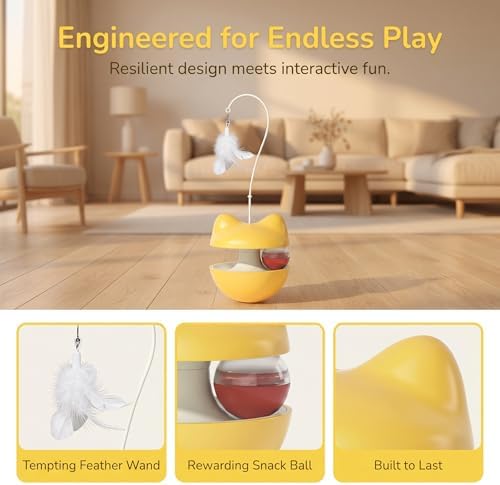 Cat Toys for Indoor Cats, Rocking Treat Dispenser Toy with Leaking Ball & Detachable Feather, Cat Toys Interactive, Kitten Toys, Cat Toy for Boredom Relief, an Interactive Cat Toy (red) - Image 3