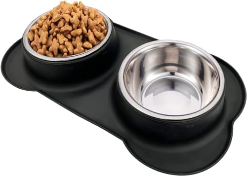 AsFrost Dog Food Bowls Stainless Steel Dog Bowls, Dog Food and Water Bowl Set with No Spill Non-Skid Silicone Mat, Dog Dishes for Small Medium Large Sized Dogs Pet Cat Food Bowls, 6 Cup, Black by AsFrost