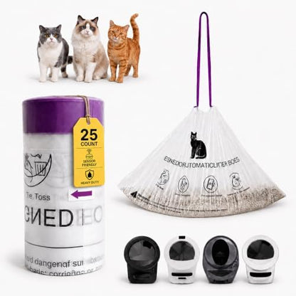 25 Count Litter Box Robot 5/4/3/EVO Waste Bags, Automatic Litter Box Liners, Transparent Sensor-Friendly Drawstring Cat Litter Bags, Heavy Duty Tear Resistant, Pre-Separated, 25.2 x 15.7 In by Unknown