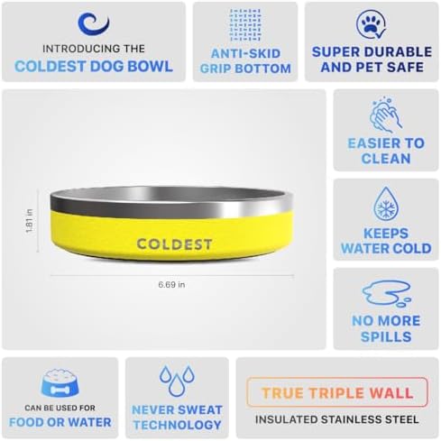 Coldest Dog Bowl - Anti Rust Metal, Non Slip, 3 Layers Insulated Stainless Steel Dog Bowls - Spill Proof & Heavy Duty - Water Bowl for Dogs, Cats & Pets, Dish Washer Safe (21 oz, Solar Yellow) - Image 5